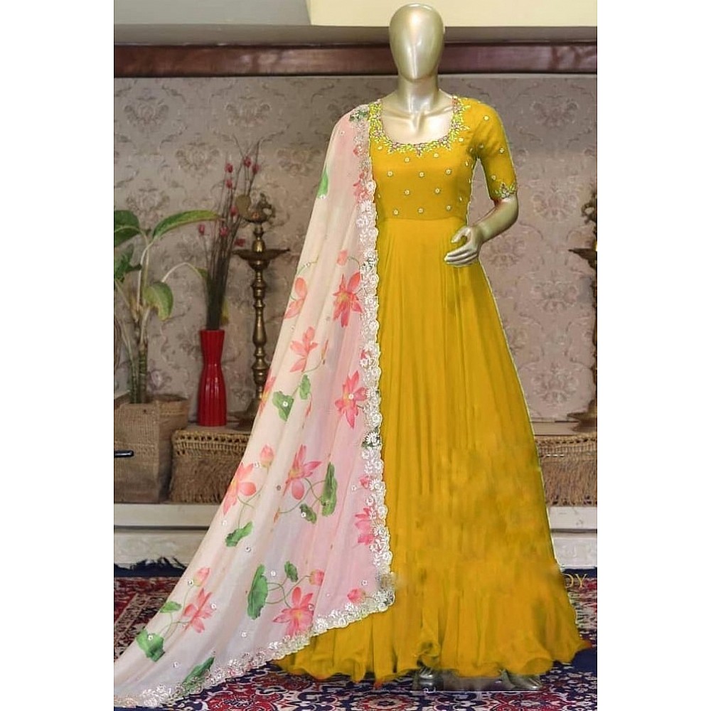 Yellow georgette unbrella flair long gown with printed dupatta