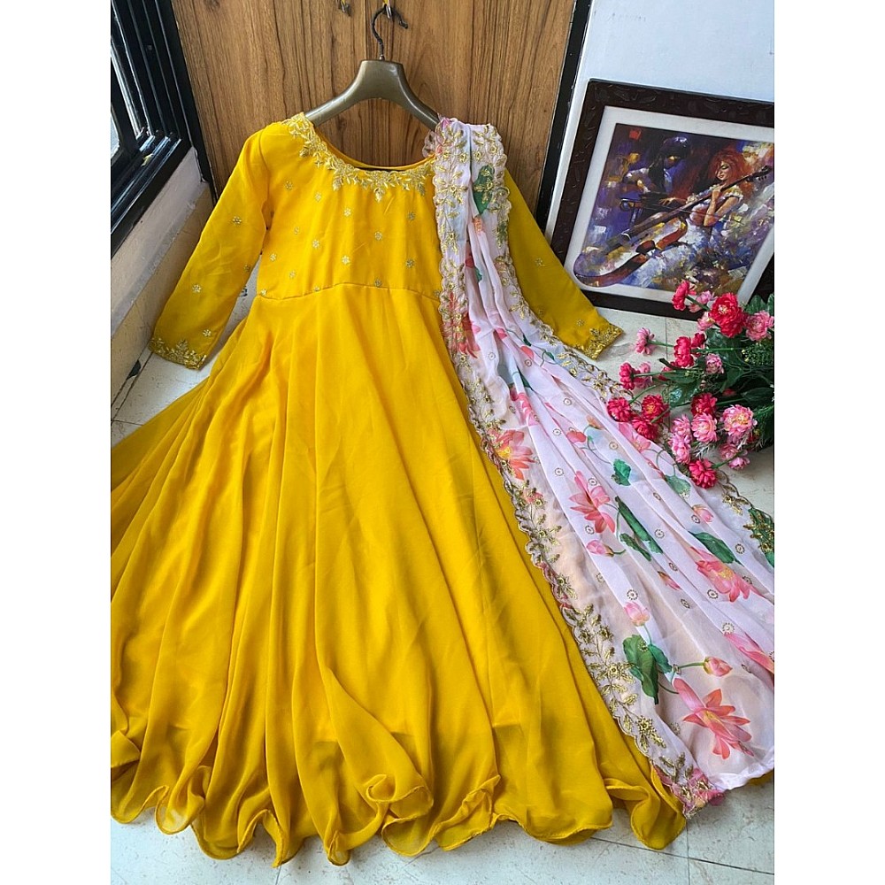 Yellow georgette unbrella flair long gown with printed dupatta