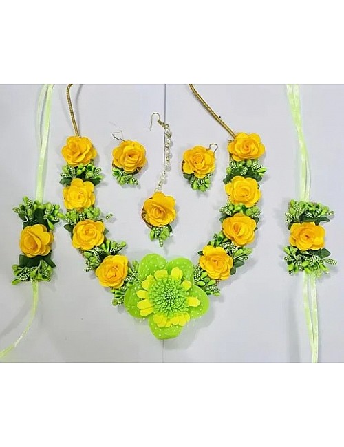 Yellow Green Flower Jewellery Set for Women & Girls (Mehandi/Haldi/Bridal/Baby Shower/Marriage/Wedding)
