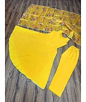 Yellow maskan cotton anarkali suit with printed organza dupatta
