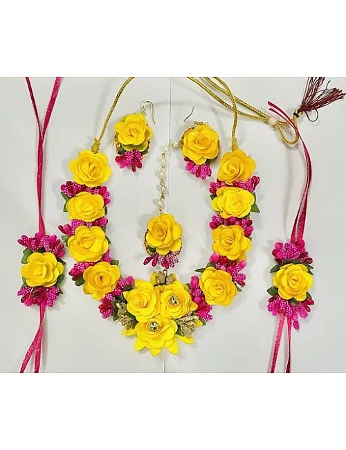 Yellow Pink  Flower Jewellery Set for Women & Girls (Mehandi/Haldi/Bridal/Baby Shower/Marriage/Wedding)