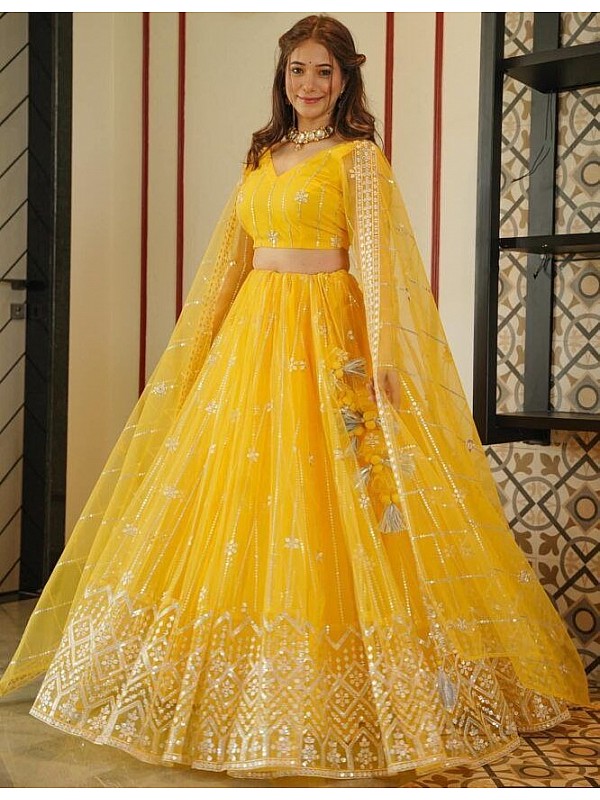 Buy Wedding Function Wear Lehenga - Haldi Yellow Sequined Lehenga Choli –  Empress Clothing