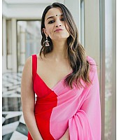 Alia bhatt red and baby pink georgette printed bollywood saree