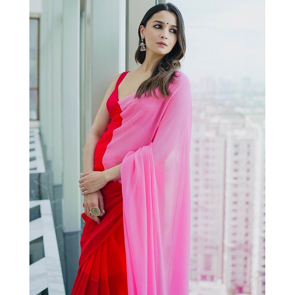 Alia bhatt red and baby pink georgette printed bollywood saree