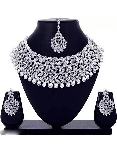 Alloy silver plated american diamond necklace with earrings and maangtika