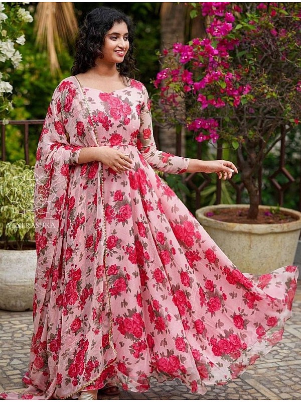 Red Color Trendy Georgette Floral Print Womens Gown