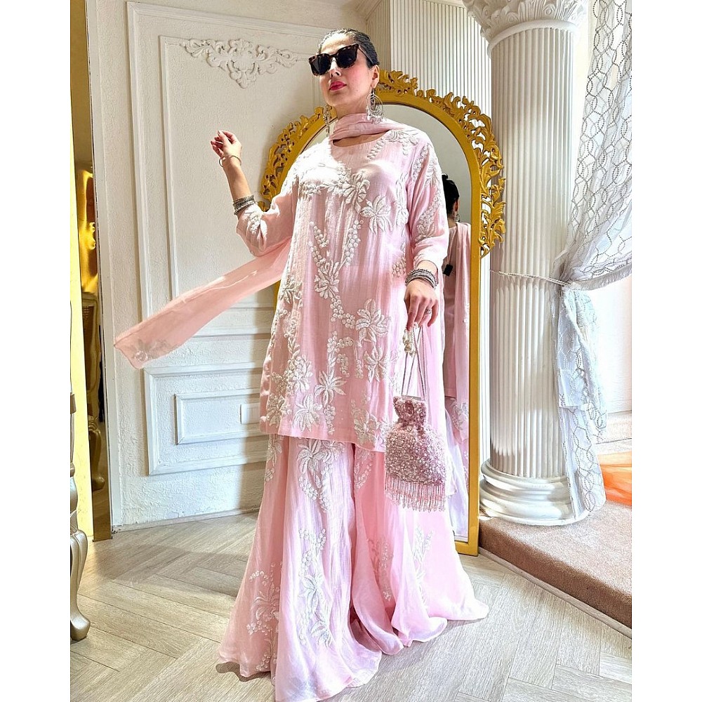 Baby pink georgette thread work sharara salwar suit