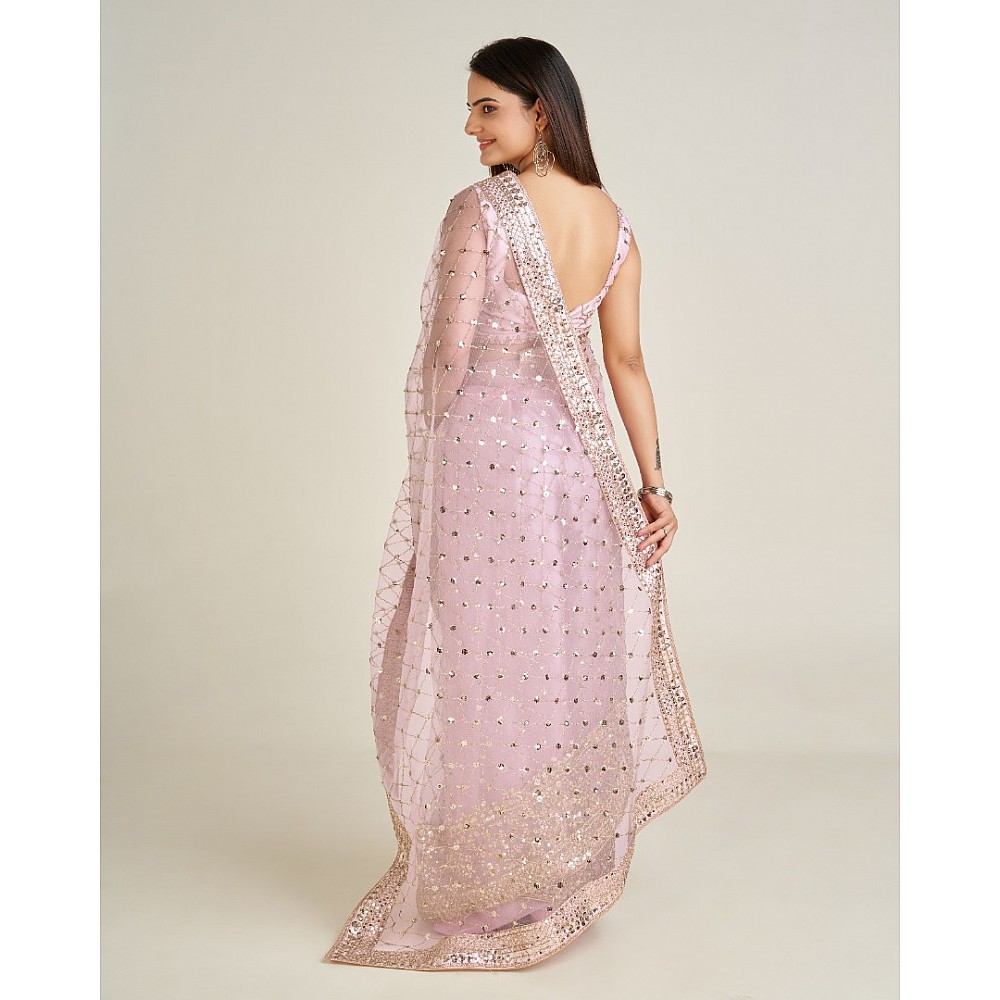 Baby pink net sequins dori work wedding saree