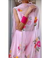 Baby pink organza floral printed gown with kodi border dupatta