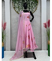 Baby pink organza floral printed gown with kodi border dupatta