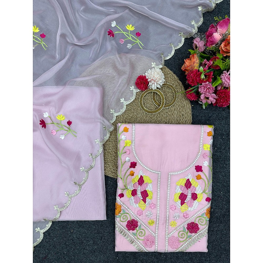 Baby pink organza thread work unstitched salwar suit