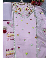 Baby pink organza thread work unstitched salwar suit