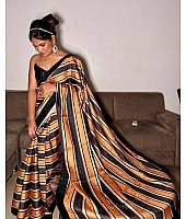 Black and orange print and sequence work party wear saree