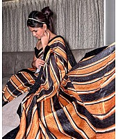 Black and orange print and sequence work party wear saree