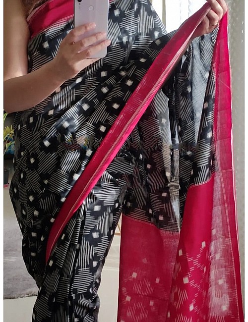 Black and red chanderi cotton printed saree