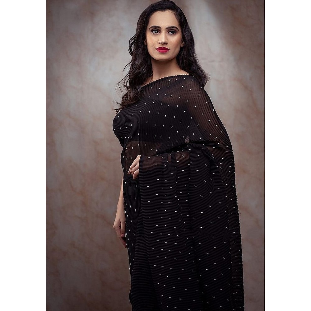 Black crushed georgette khatli handwork designer party wear saree