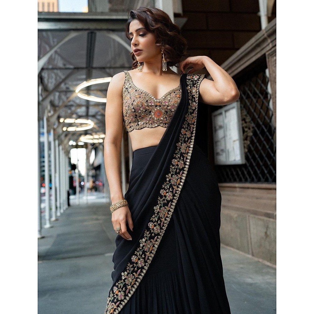 Black georgette samantha ruth prabhu bollywood designer ruffle saree