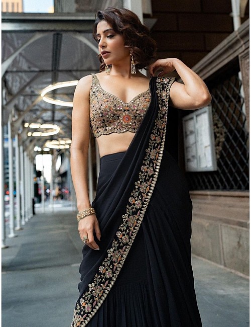 Black georgette samantha ruth prabhu bollywood designer ruffle saree