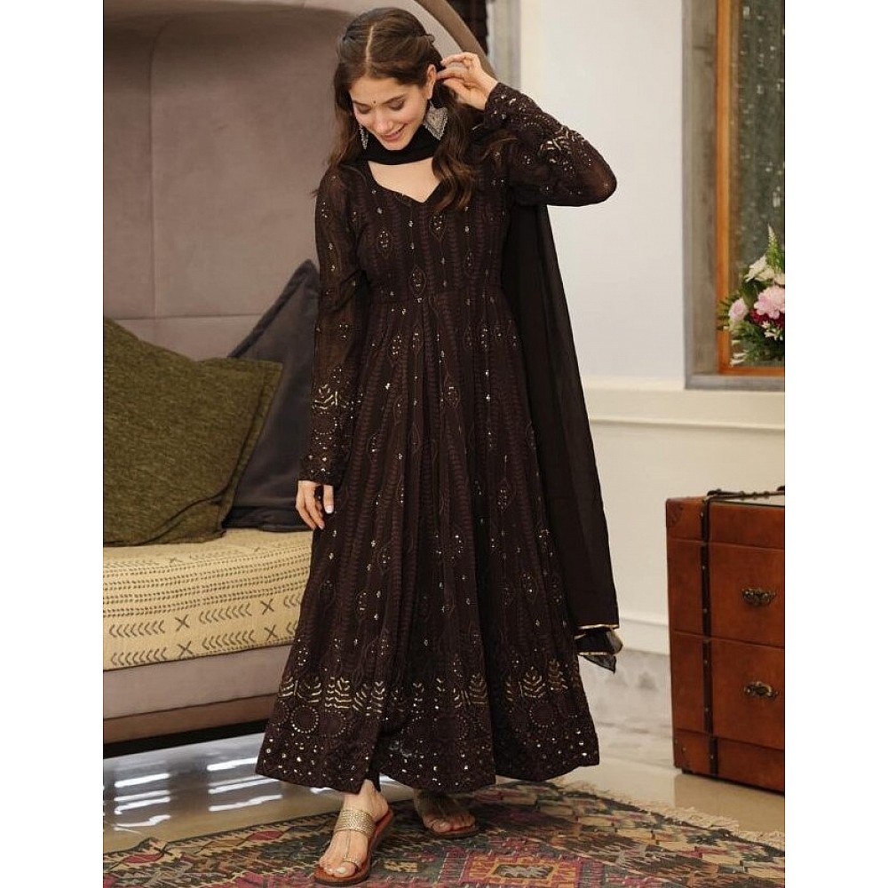 Black georgette thread and sequence work party wear anarkali suit