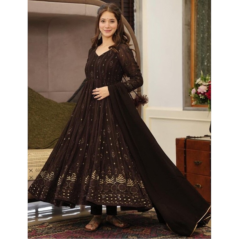 Black georgette thread and sequence work party wear anarkali suit