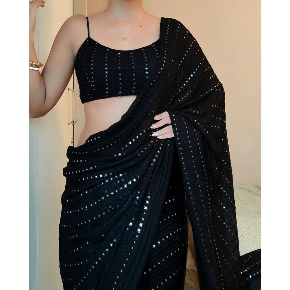 Black georgette thread and sequence work party wear saree