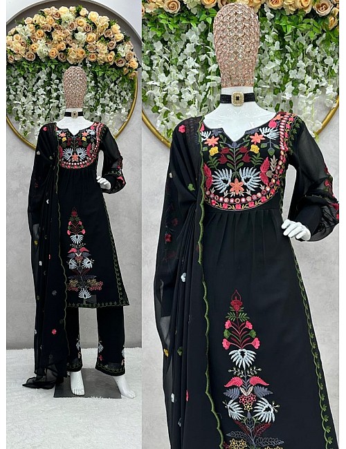 Black georgettte multi thread embroidery work designer palazzo suit