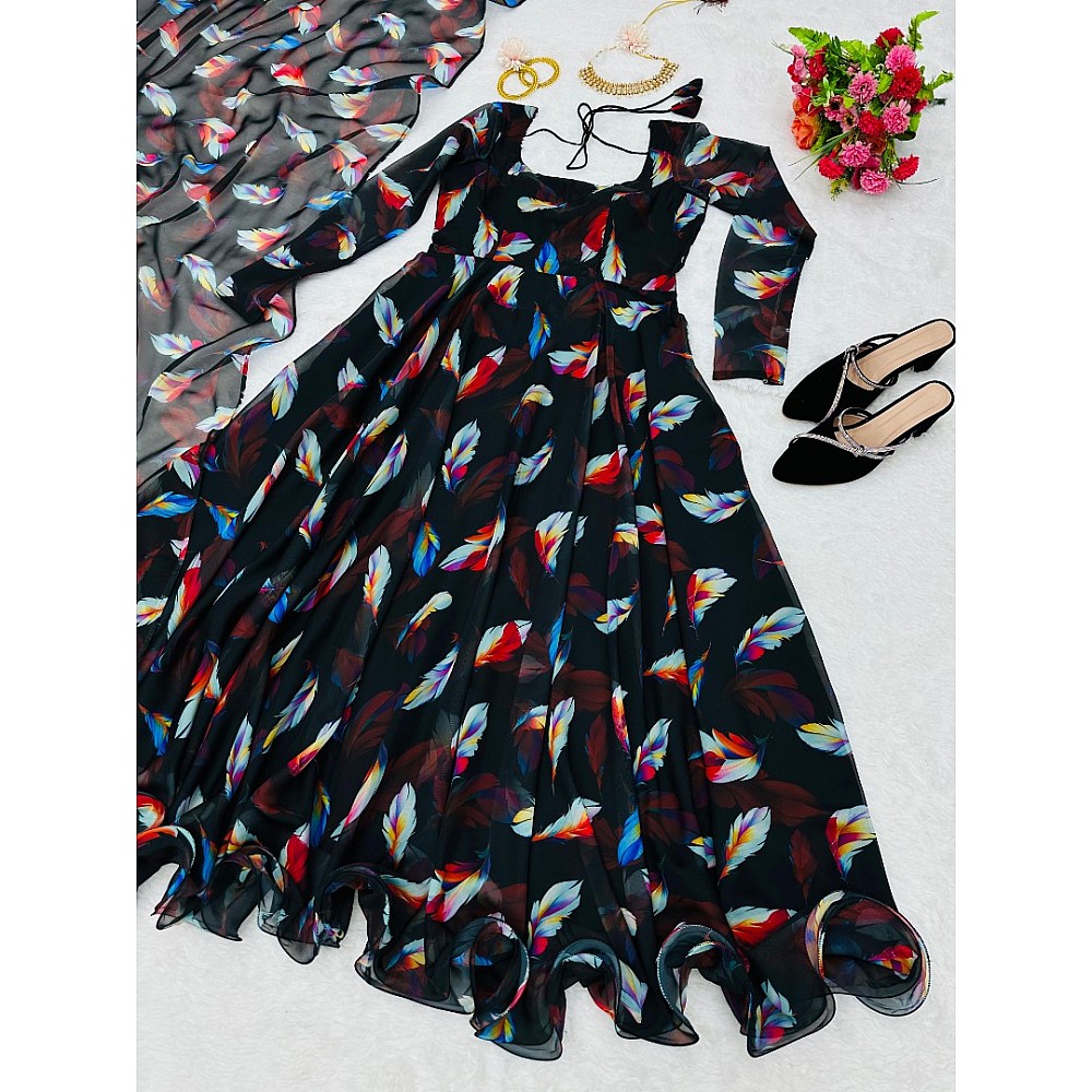Black organza printed long party wear gown