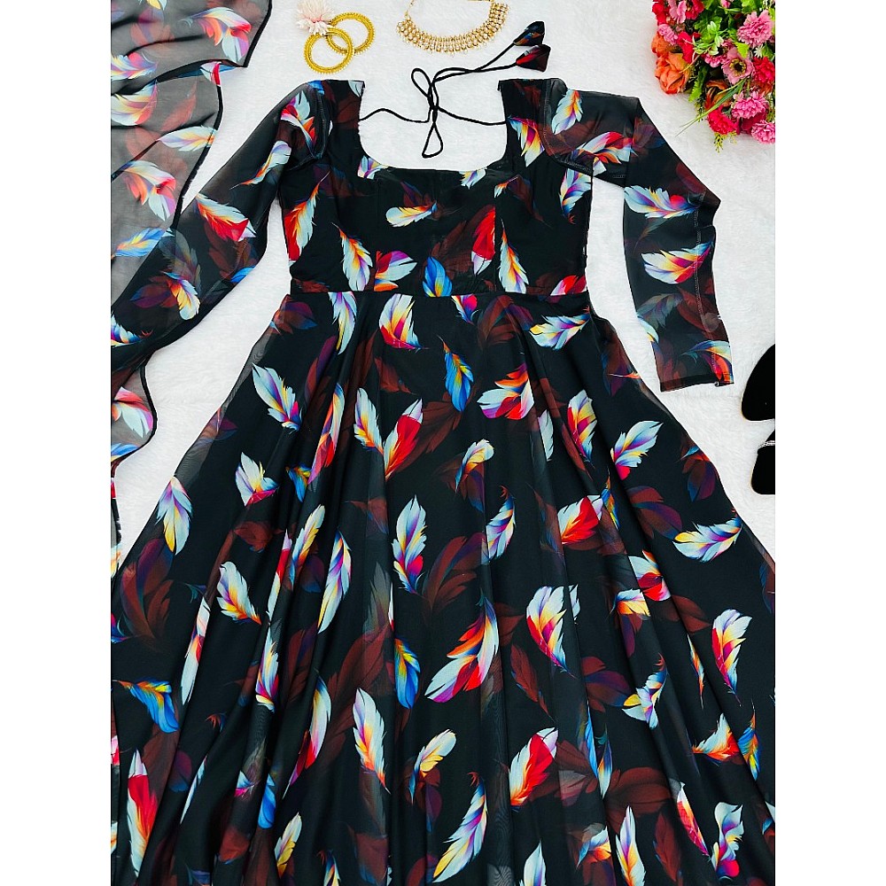Black organza printed long party wear gown