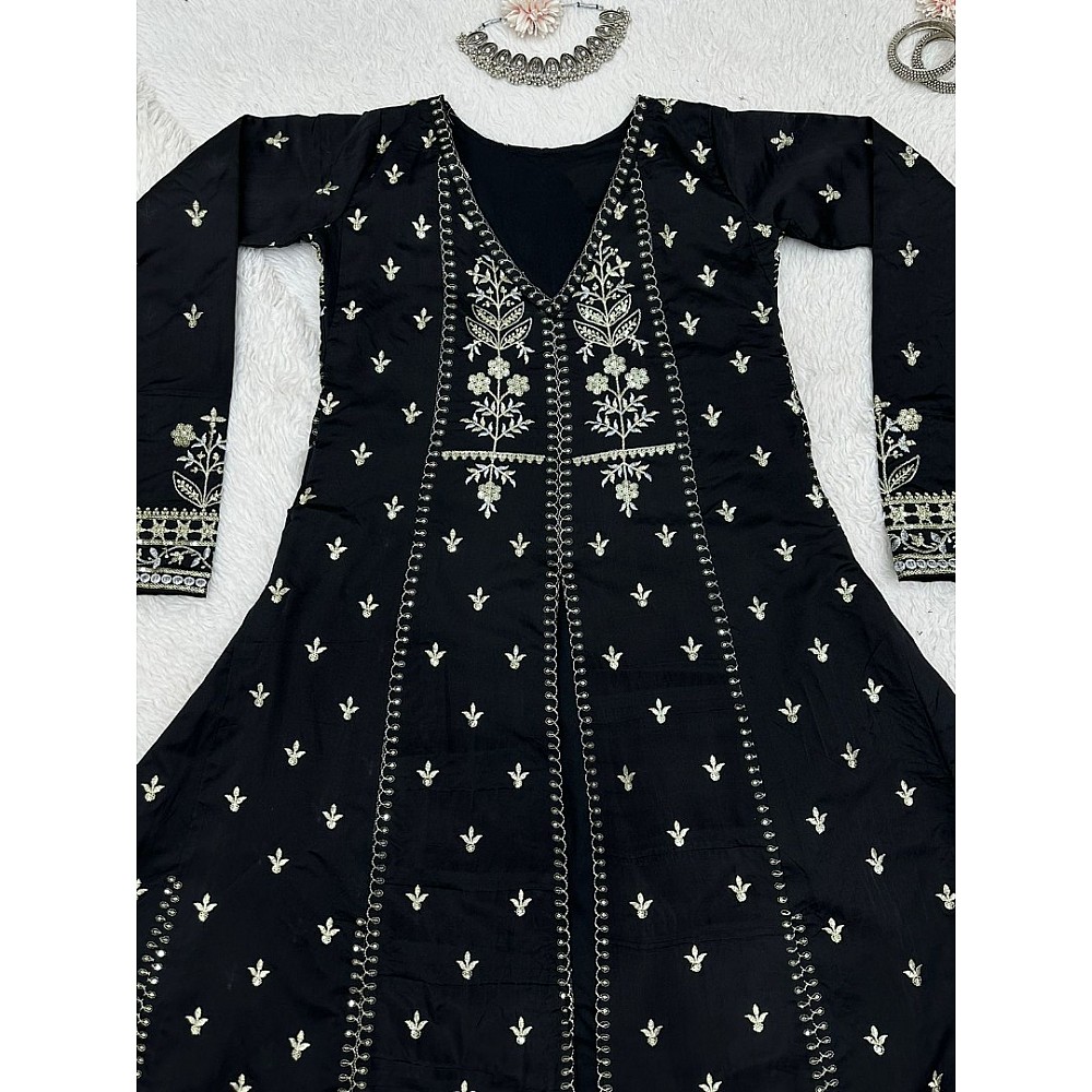 Pant Suits : Black tapeta silk heavy embroidered pant suit