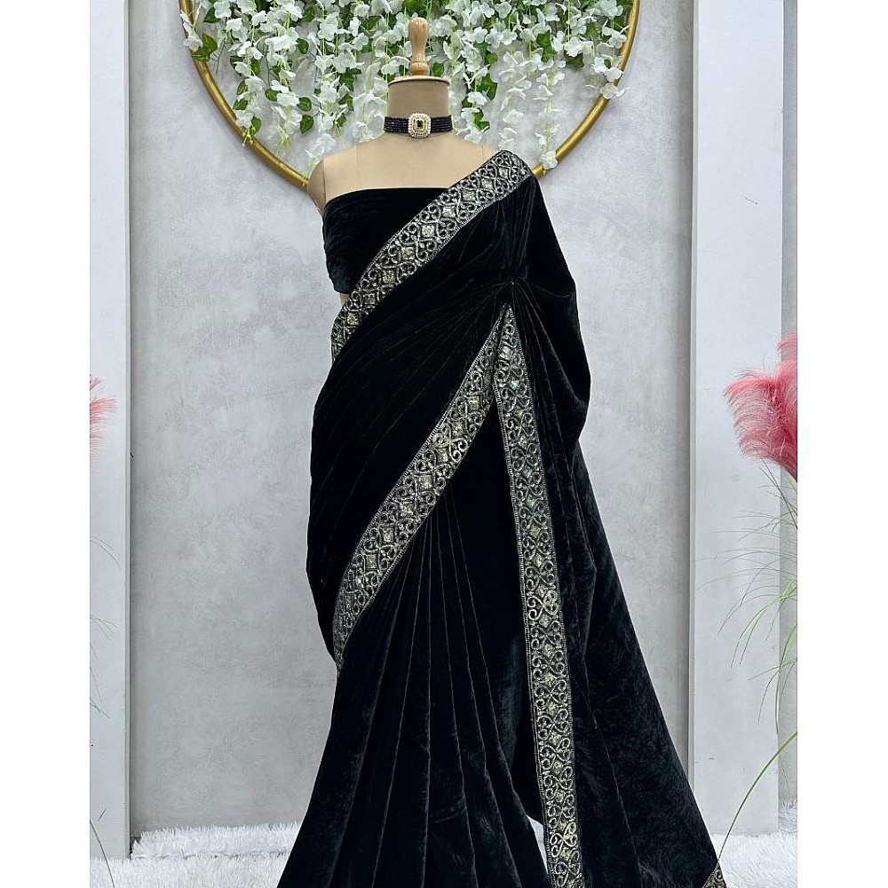 Black velvet designer party ready to wear saree