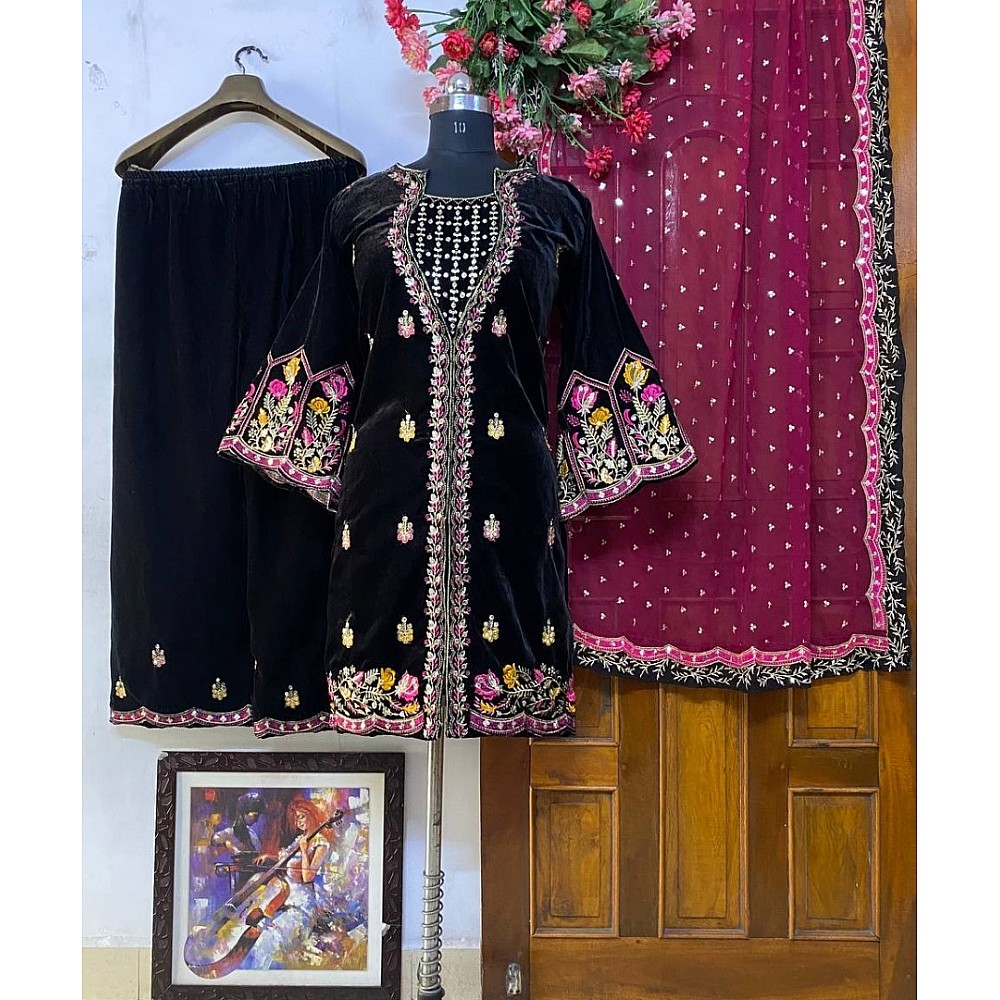 Black velvet heavy embroidered palazzo suit for wedding