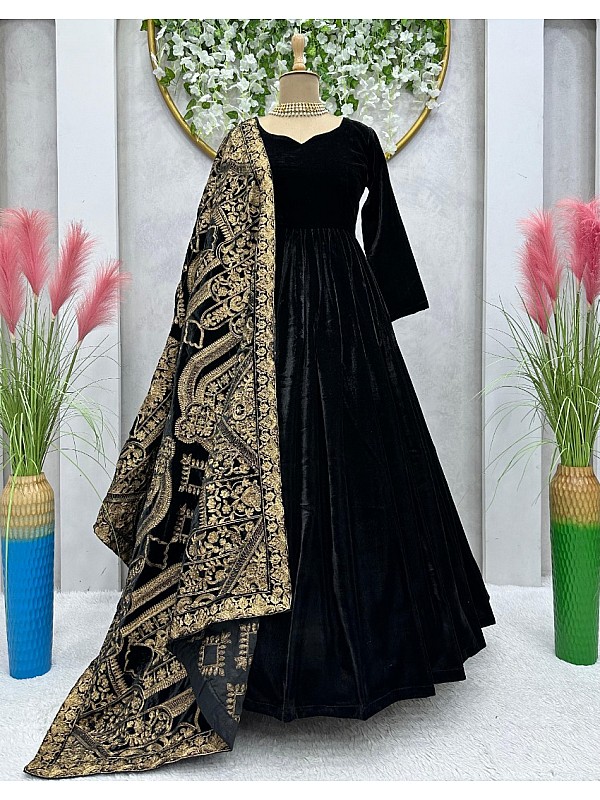 Black velvet embroidered party wear gown