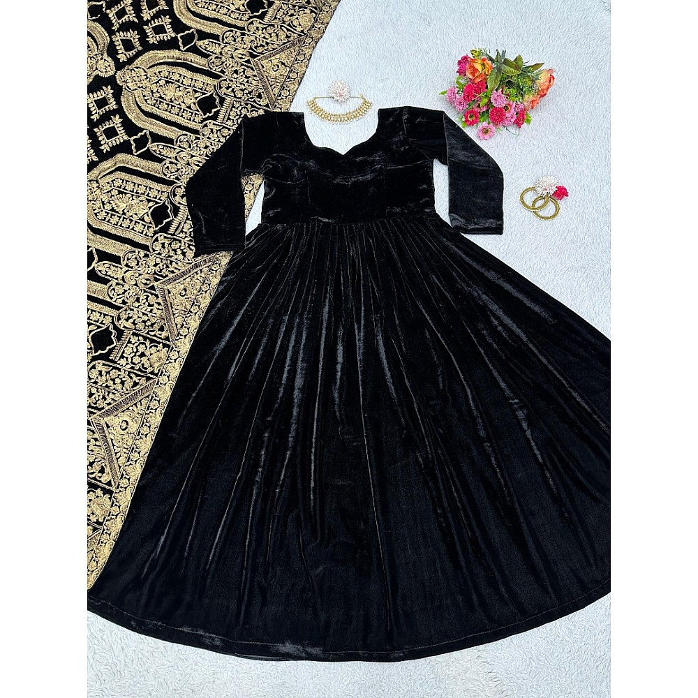 Black velvet long party wear gown with heavy dupatta