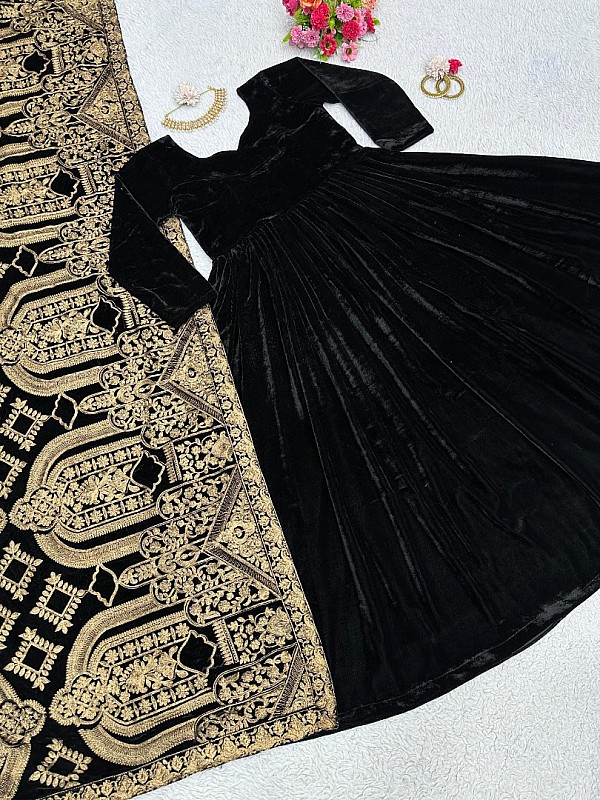Black velvet embroidered party wear gown