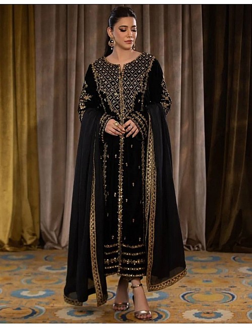 Black velvet sequence embroidery work party wear salwar suit