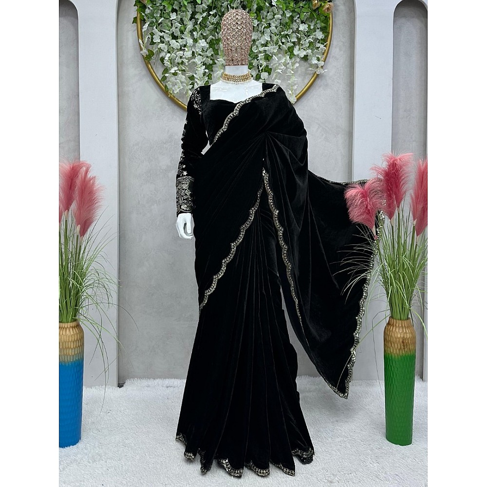 Black velvet thread sequence work party wear saree