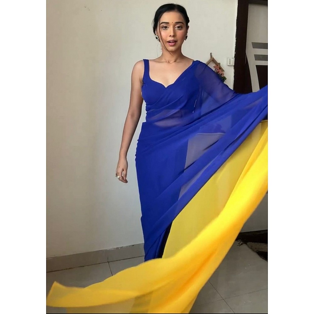 Blue and yellow georgette ready to wear alia bhatt bollywood saree