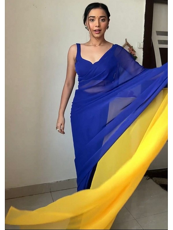 blue and yellow georgette ready to wear alia bhatt bollywood saree 10956