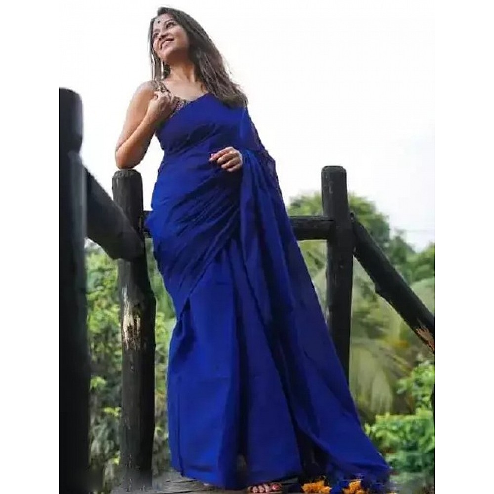 Blue cotton plain saree