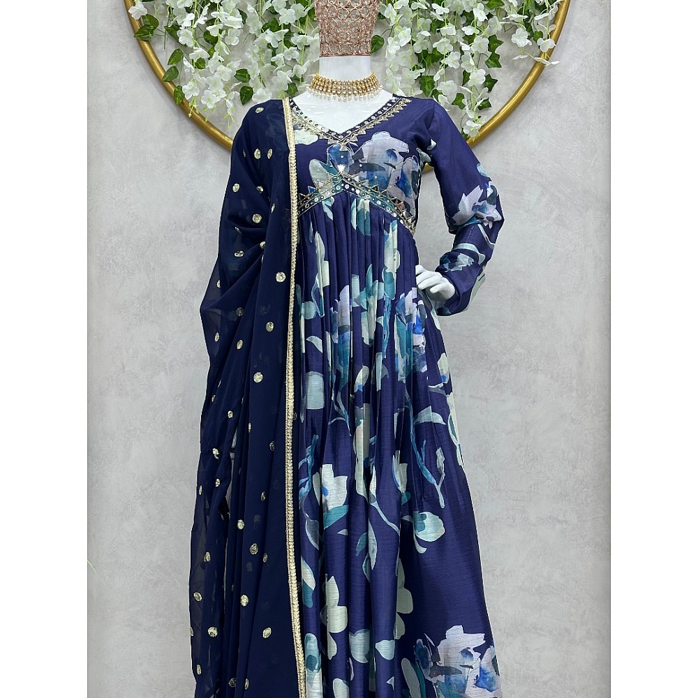 Blue floral print and handwork mirror work alia cut suit