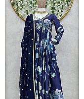 Blue floral print and handwork mirror work alia cut suit