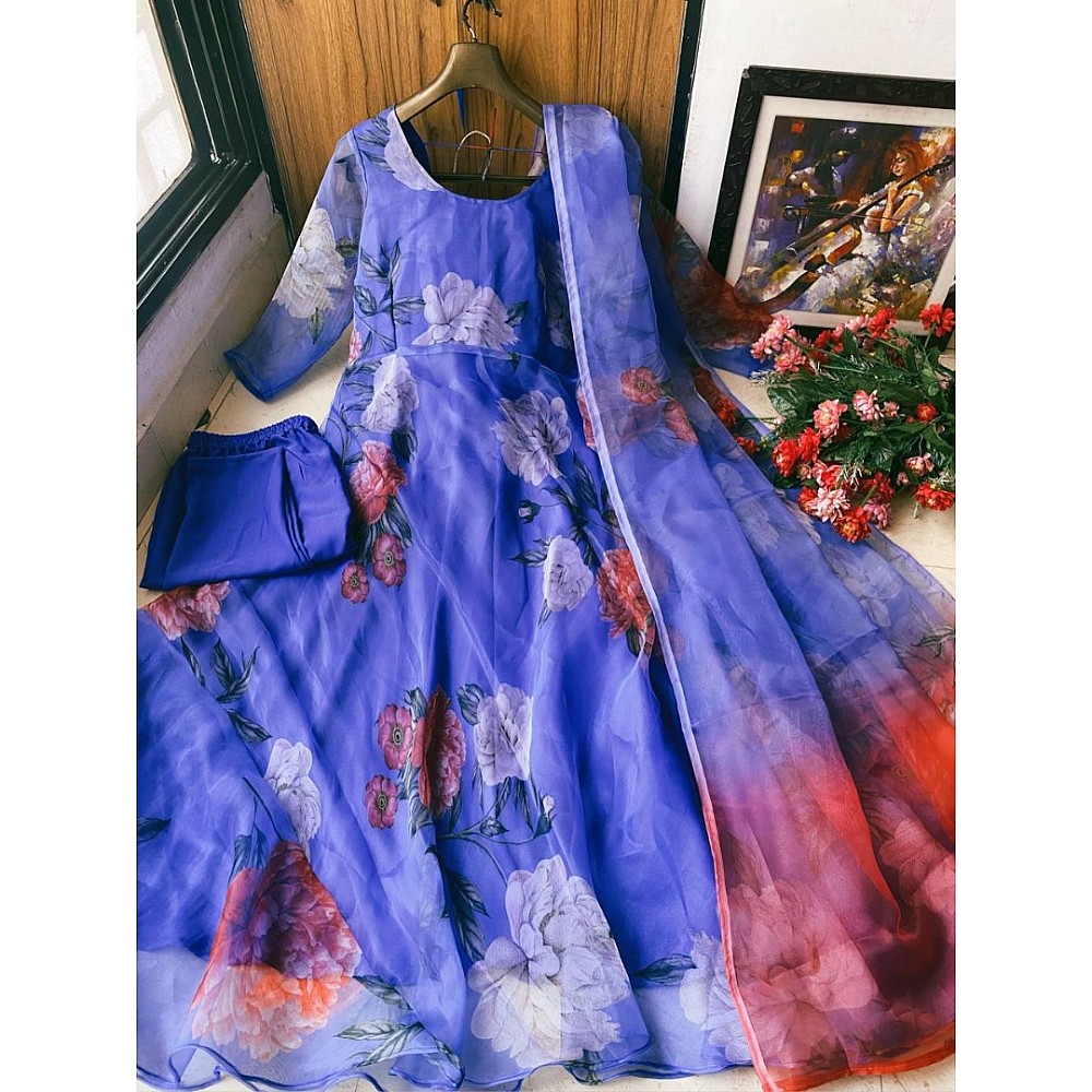 Blue floral printed organza anarkali suit