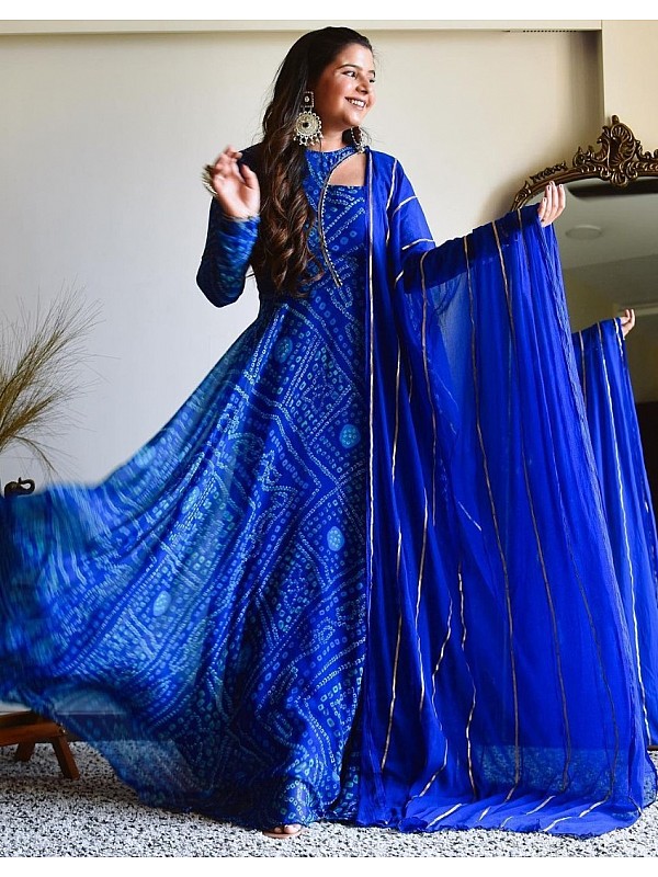 Georgette Fabric Fabulous Navy Blue Color Gown With Dupatta-tmf.edu.vn