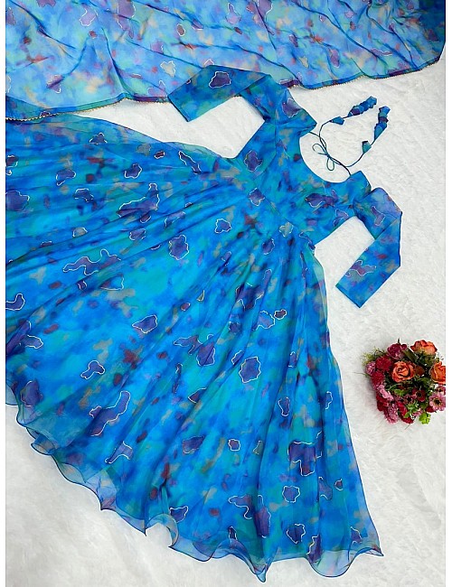 Blue tibby silk print and foil work anarkali dress