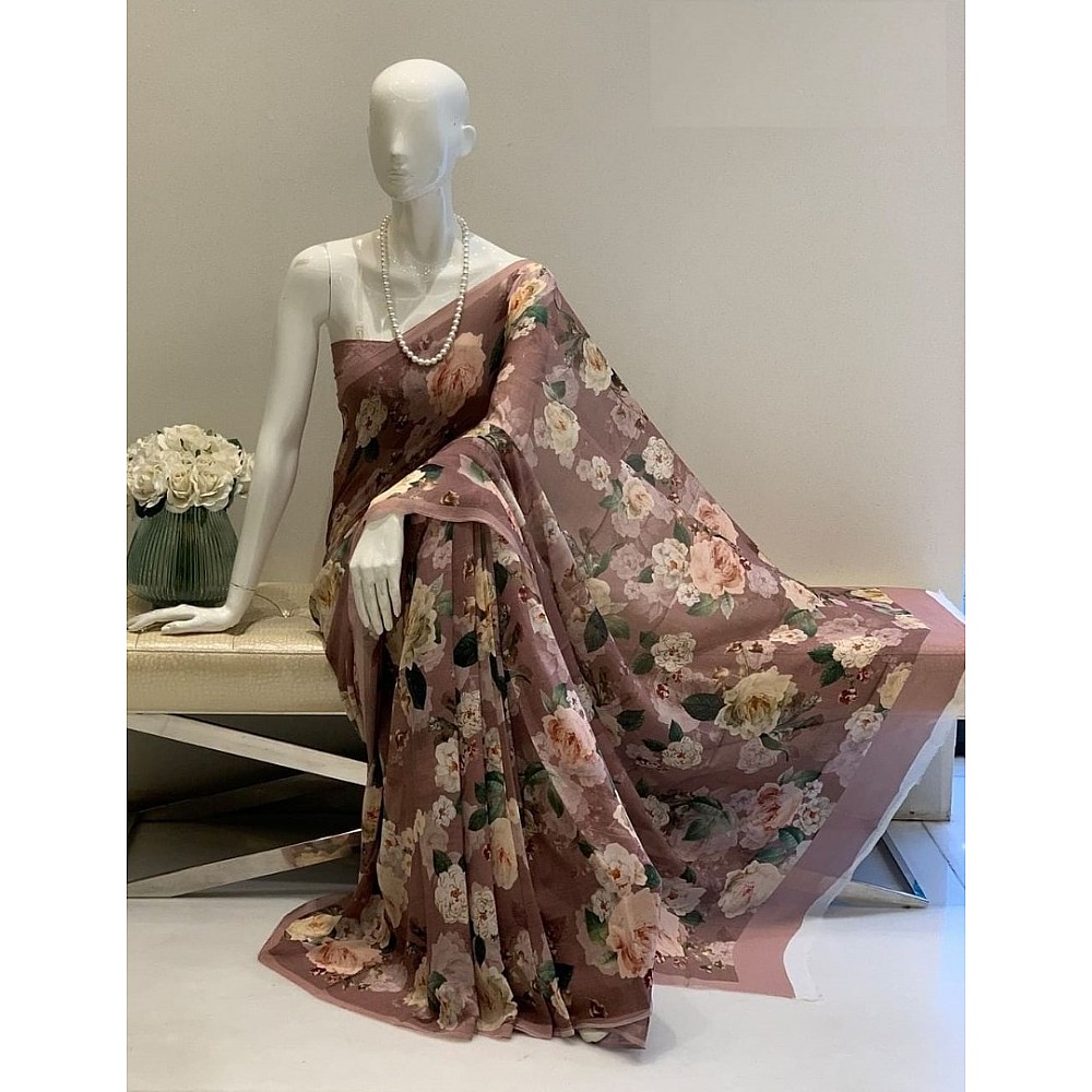 Brown georgette floral printed saree