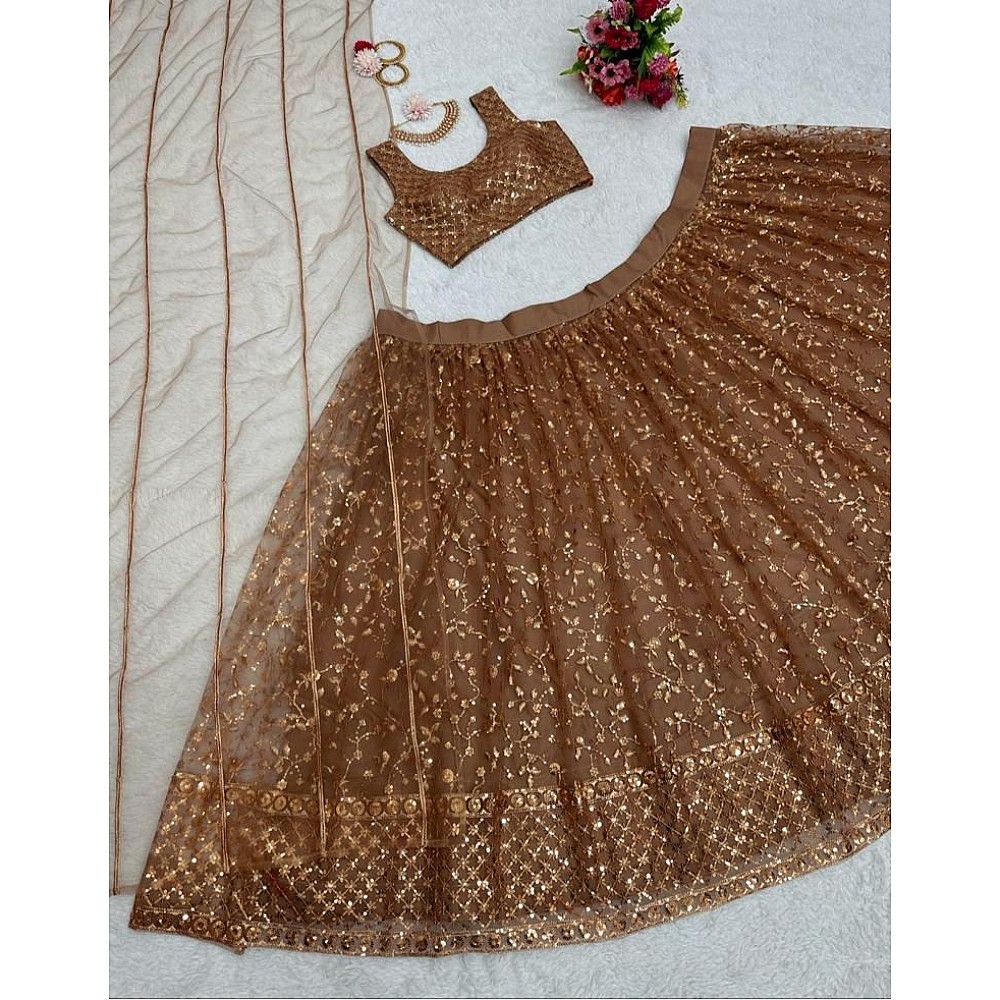Brown net heavy thread sequence work wedding lehenga choli