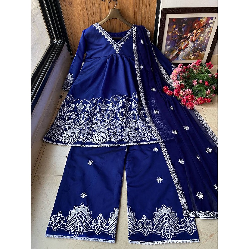 Dark blue georgette embroidery work plazzo suit