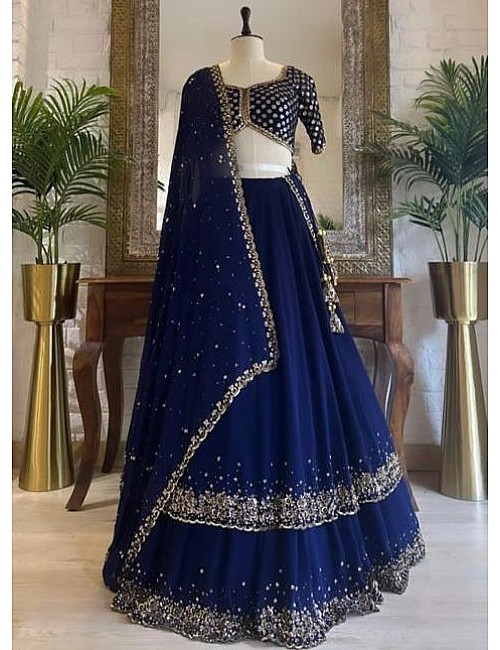 Dark blue georgette heavy embroidery work wedding lehenga choli