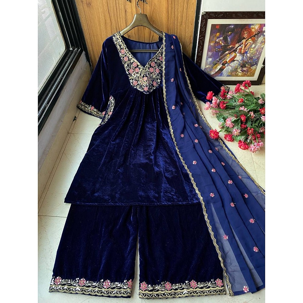 Dark blue velvet embroidered party wear palazzo suit