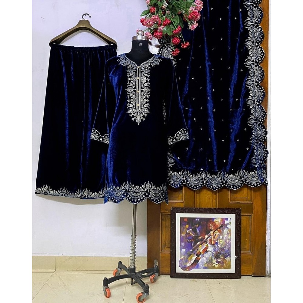 Dark blue velvet partywear plazzo suit